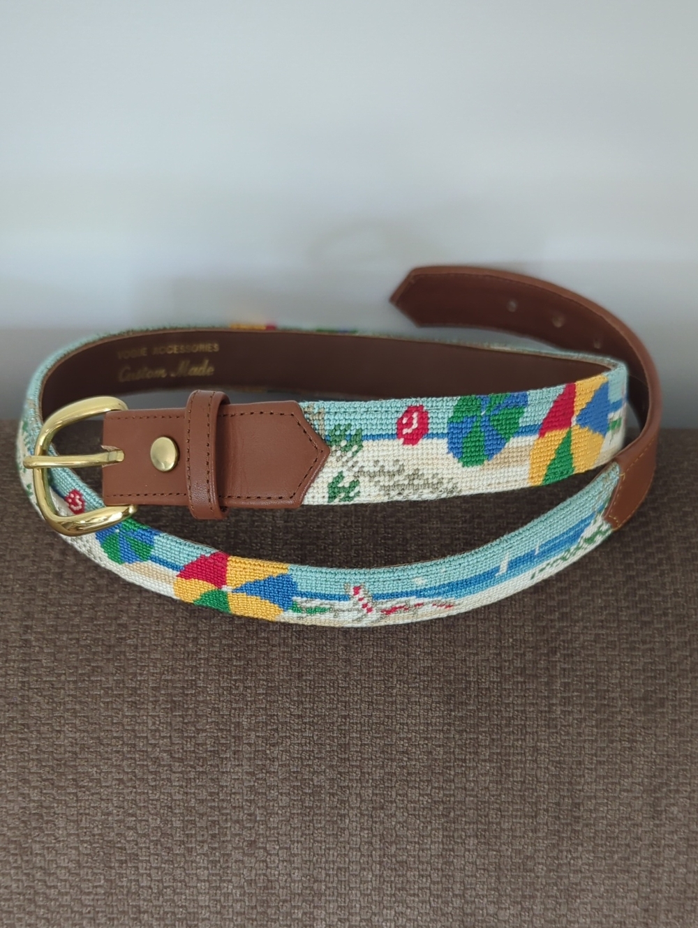 Vintage Vogue Accessories Beach Theme Needlepoint And Leather Belt